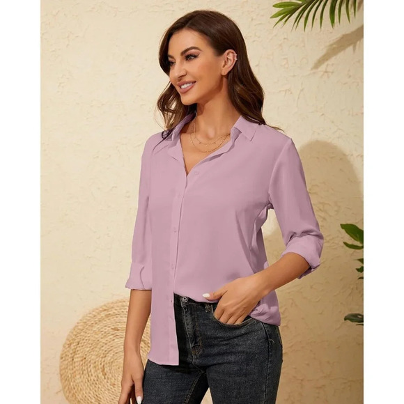 Women's Pink Chiffon Long Sleeve Collared Tops Lady Button Down Shirts - Picture 3 of 5